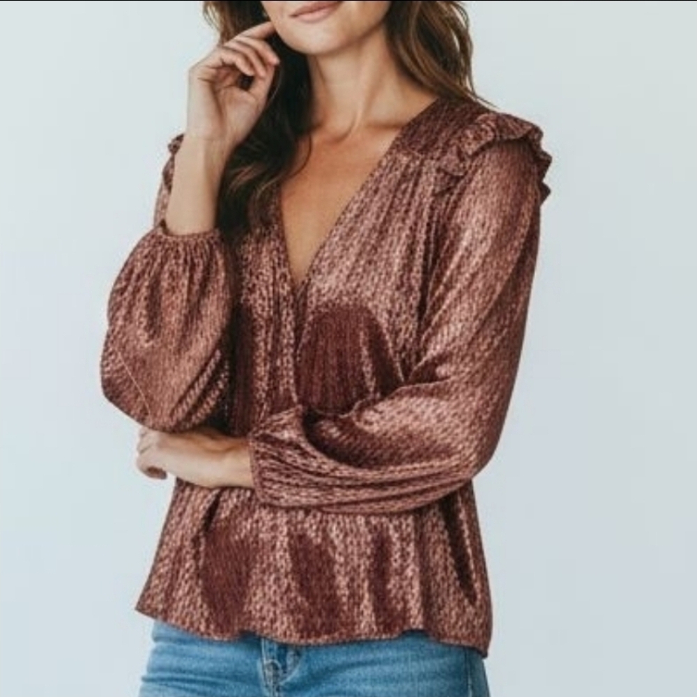NEW Tanya Taylor Large Copper Rose Gold Crushed Velvet Ruffle Trim Lucy Top